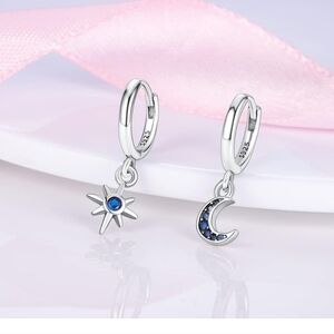 Silver Star and Moon Earrings with Blue Accents
